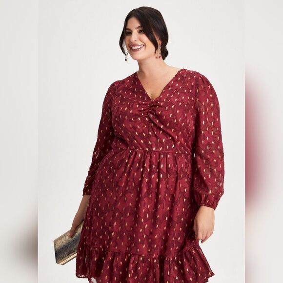 New With Tags London Times Size 18 V-neck Gold Foil Motif Fit & Flare Dress - Picture 1 of 17